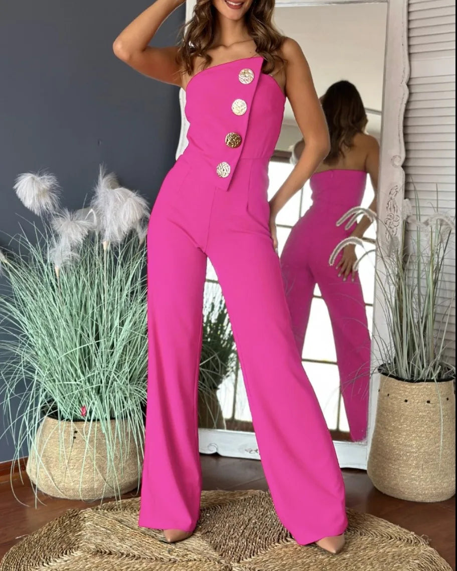 Damen Schulterfreier Asymmetrischer Jumpsuit mit Metallknöpfen und Weitem Bein Elegantes Party-Einteiler-Outfit