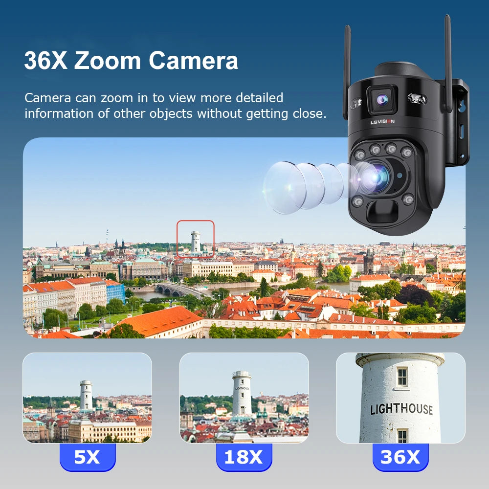 LS VISION 36X Optischer Zoom Außen-Solarkamera WiFi/4G 24/7 Videoaufzeichnung Doppelbildschirme AOV & PIR WLAN-Sicherheitskamera CCTV IP66