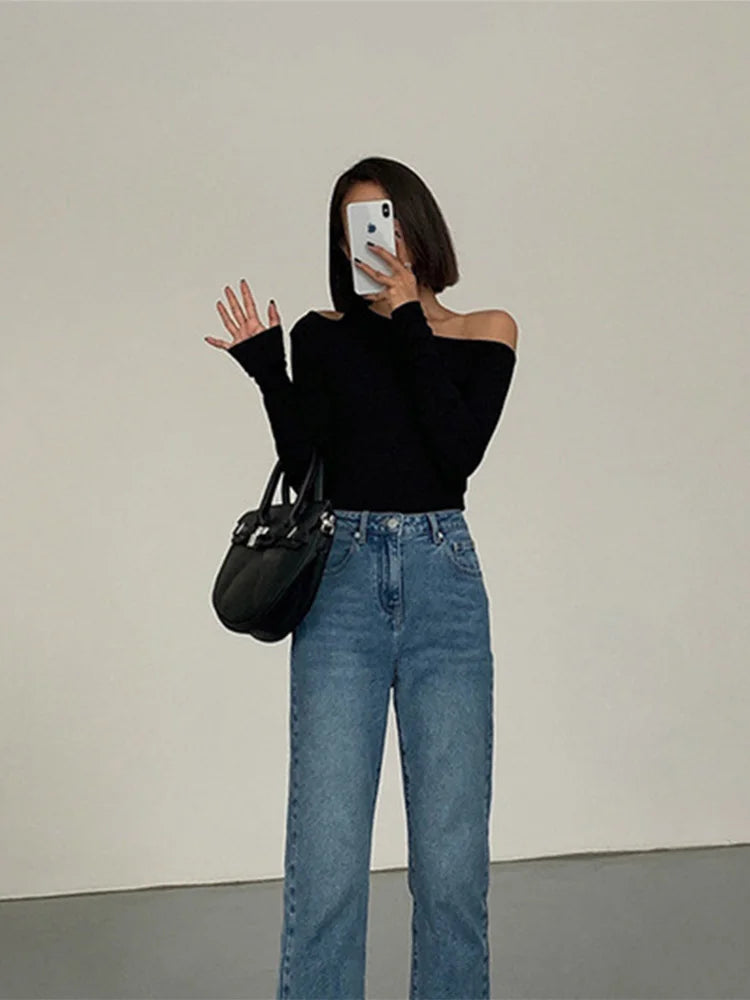Mode Skew Kragen Off-schulter Lange-ärmeln T-shirts Frauen Frühjahr Neue Solide Slim Fit Crop Top Sexy Aushöhlen tees Shirts