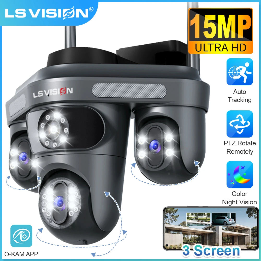 LS VISION 15 MP WLAN-Kamera mit drei Bildschirmen für den Außenbereich, drei 360° ° Rotation PTZ IP Kamera Human Auto Tracking Videoüberwachung Cam CCTV
