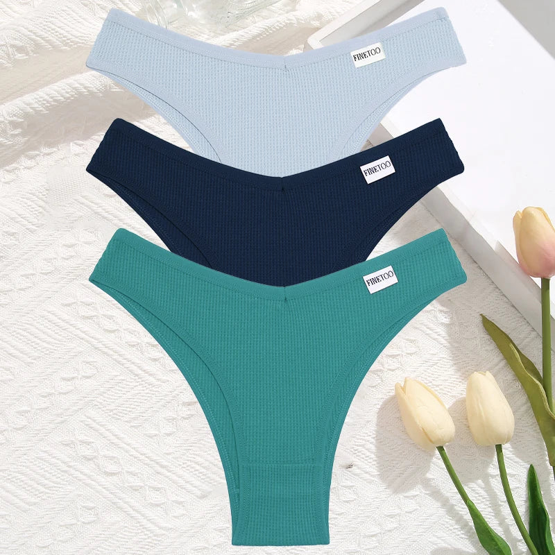 3 Teile/satz Frauen Sexy Waffel Plaid Baumwolle Brasilianische Höschen Niedrige Taille V Form Bikini Unterwäsche Weiche Atmungsaktive Weibliche Dessous