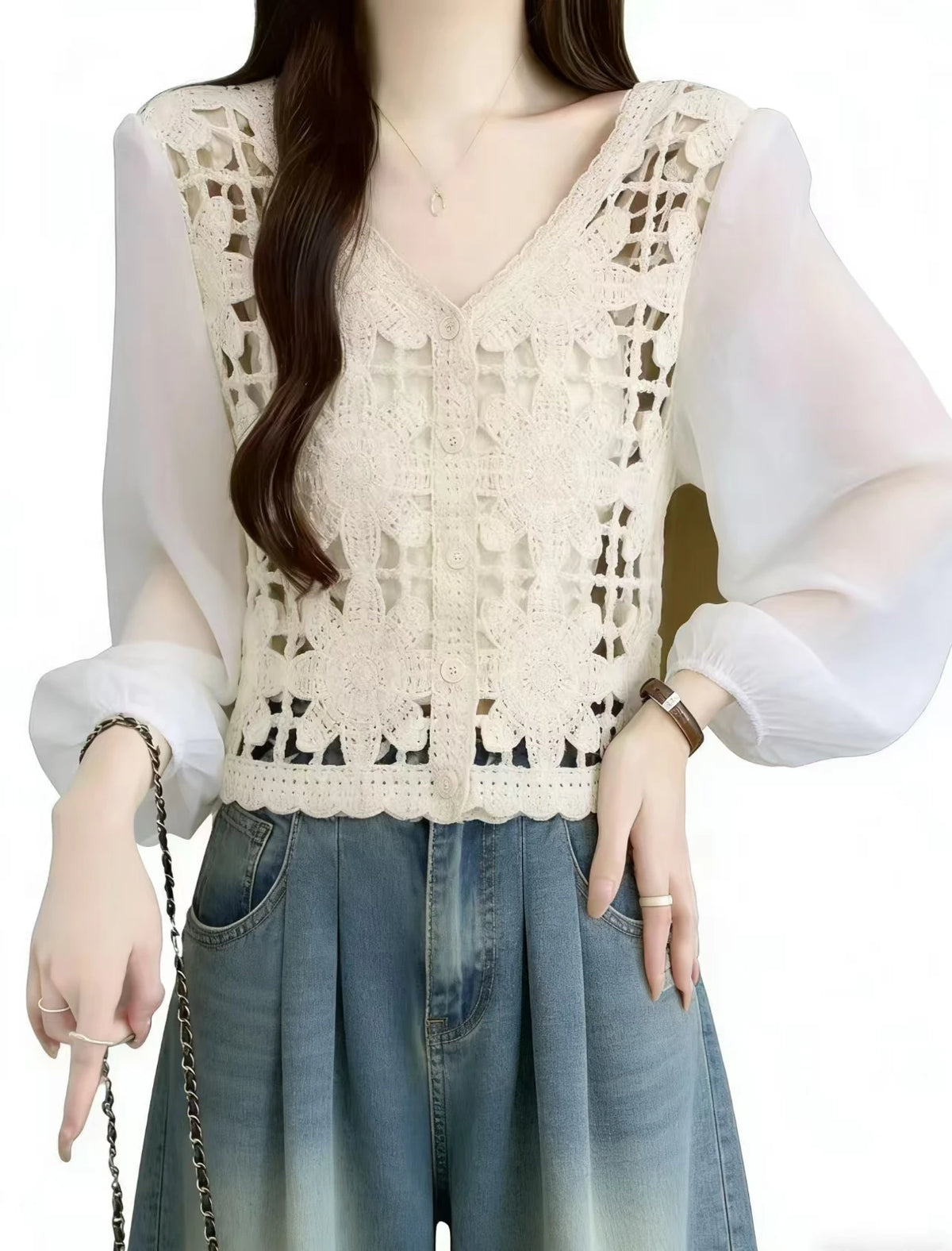 2026 Sommer Langarm Vintage National Trend Damenbekleidung Ausgehöhlte Spitze Patchwork Chiffon Hemden Damen Blusen Großhandel
