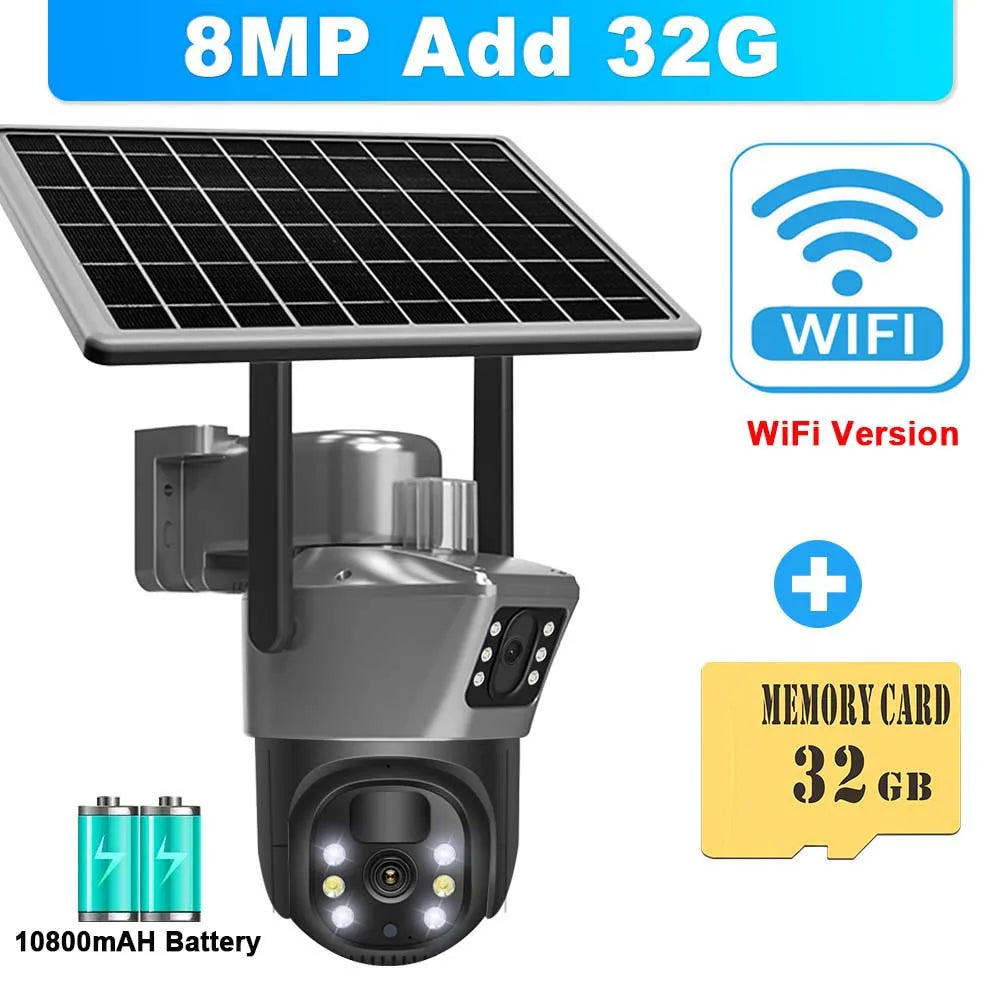 8MP 4K WiFi-Solarkamera, drahtlose Überwachungskamera für den Außenbereich, PIR-Personenerkennung, CCTV-Überwachungskameras, mit Solarpanel, PTZ-IP-Kamera mit zwei Objektiven, Sicherheitsschutz