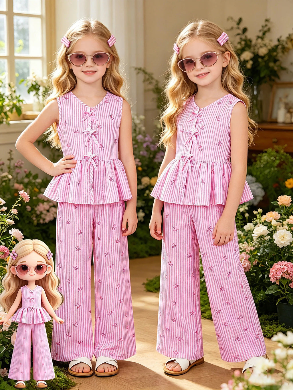 2-teiliges Sommer-Outfit-Set für Kinder und Mädchen, rosa, gestreift, mit Schleifenmuster, ärmelloses Peplum-Oberteil mit Bindedetail vorne und elastischer hoher Taille