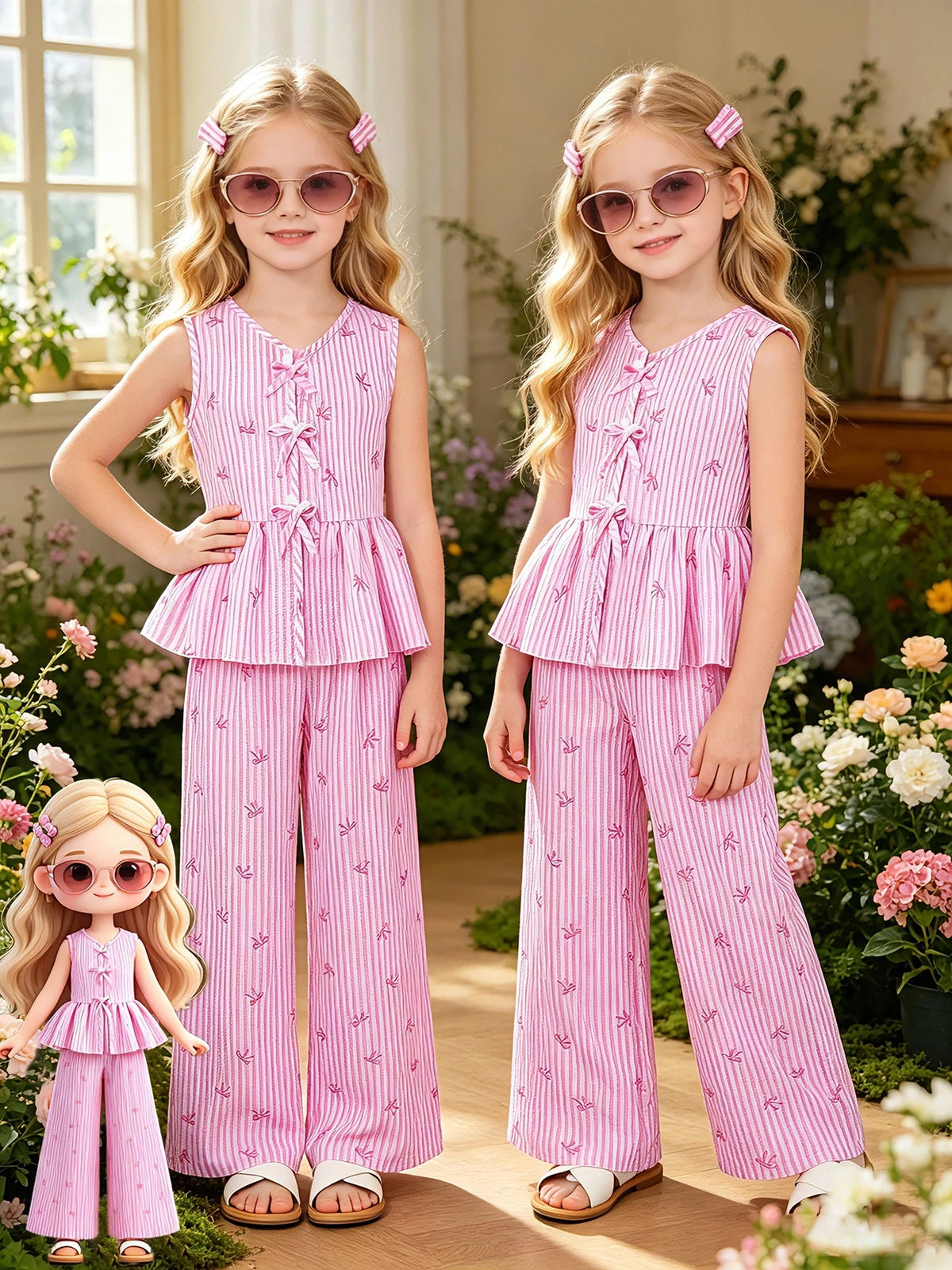 2-teiliges Sommer-Outfit-Set für Kinder und Mädchen, rosa, gestreift, mit Schleifenmuster, ärmelloses Peplum-Oberteil mit Bindedetail vorne und elastischer hoher Taille