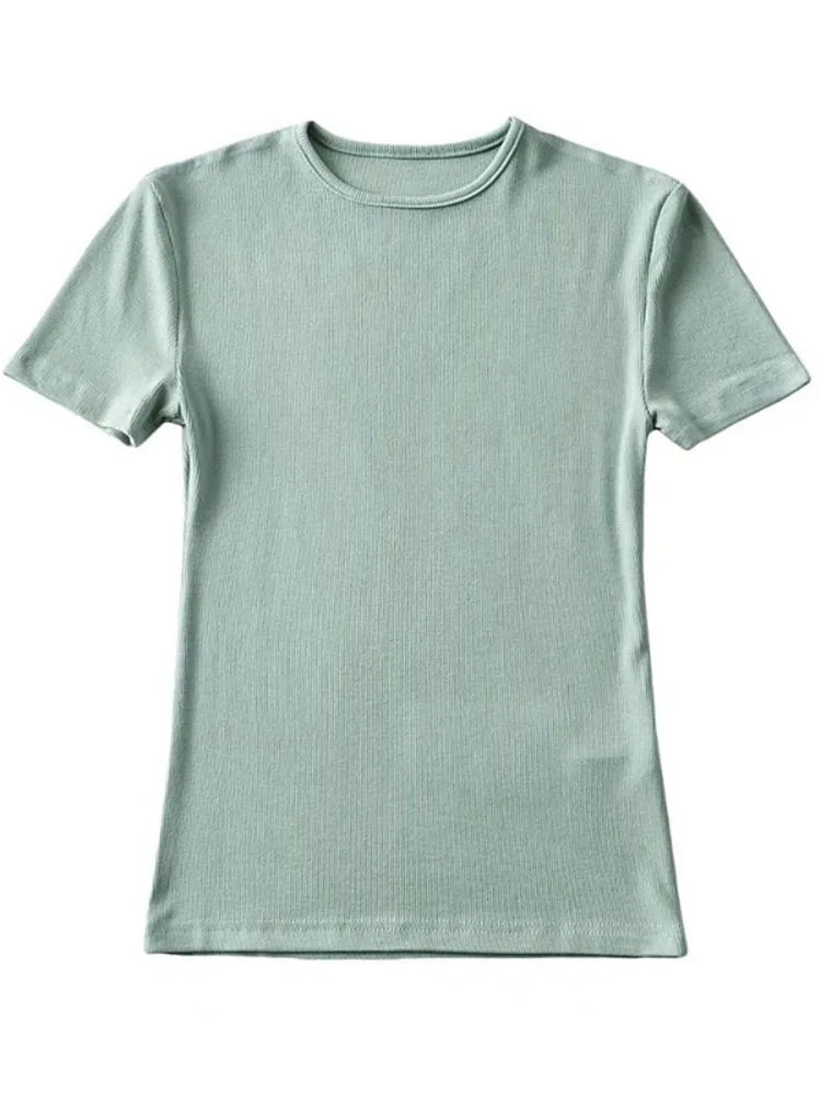 Casual Sommer Frau Skinny Fit T-shirt Enge Kurzhülse O-ansatz T Grundlegende Solide Crop Tops T Shirt