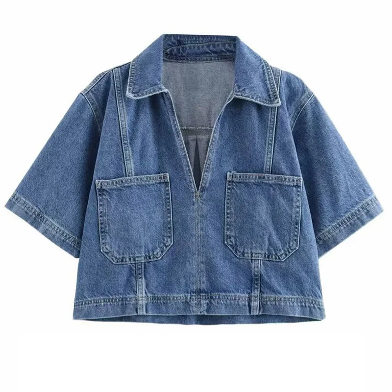 HXAO Asymmetrischer Jeansrock, kurze Sets, zweiteiliges Set für Damen, Sommer-Outfits, bauchfreies Jeanshemd, Anzug, Mini-Culottes-Set mit hoher Taille