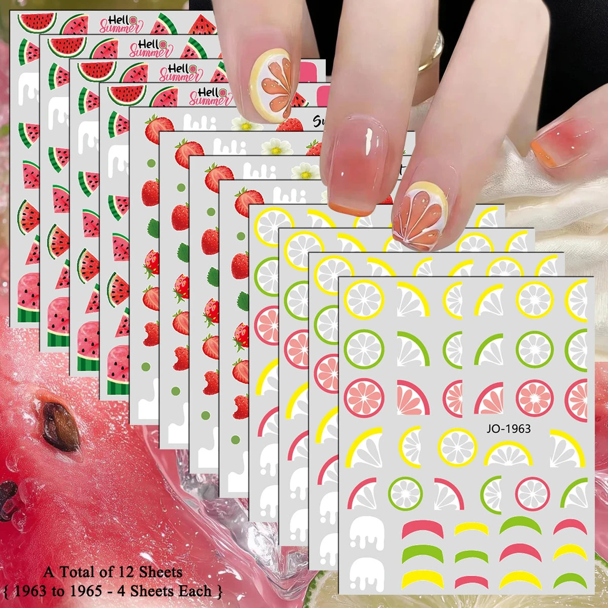 3 bis 12 Blatt 3D-Frucht-Nagelaufkleber Zitrusfrüchte Erdbeere Wassermelone Kirsche Avocado Abziehbilder Selbstklebende Sommer-French-Nagelkunst