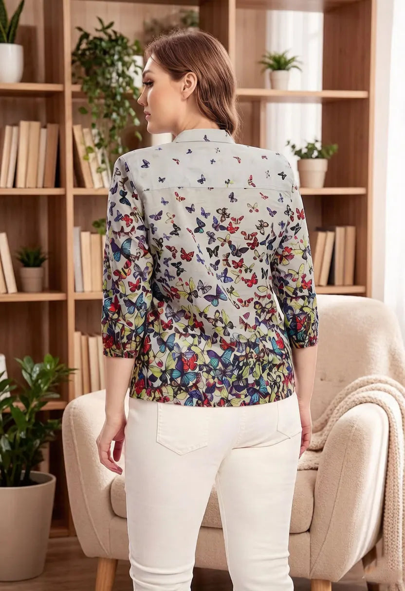 Damen-Bluse mit Schmetterlingsdruck, Chiffon-Hemd, 3/4-Ärmel, Umlegekragen, lässig, lockere Passform, Sommer-Top