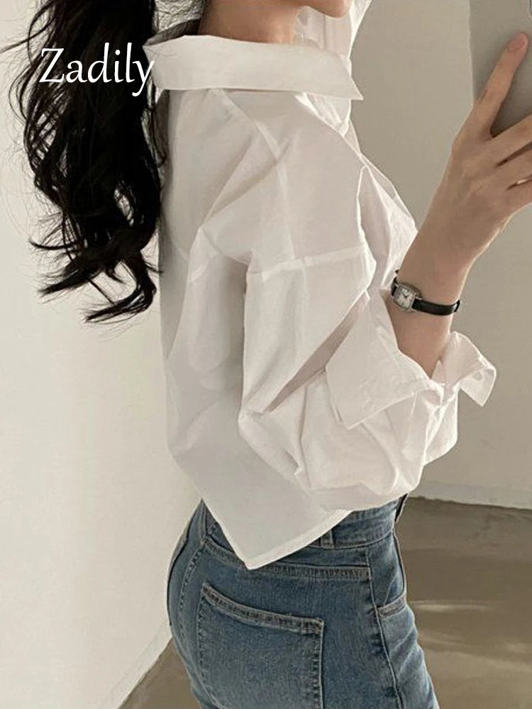 2026 Sommer Neue Damen Weiße Langarm-Bluse Lässiger Korea-Stil Einfarbig Knopfleiste Crop-Top Bluse für Partys