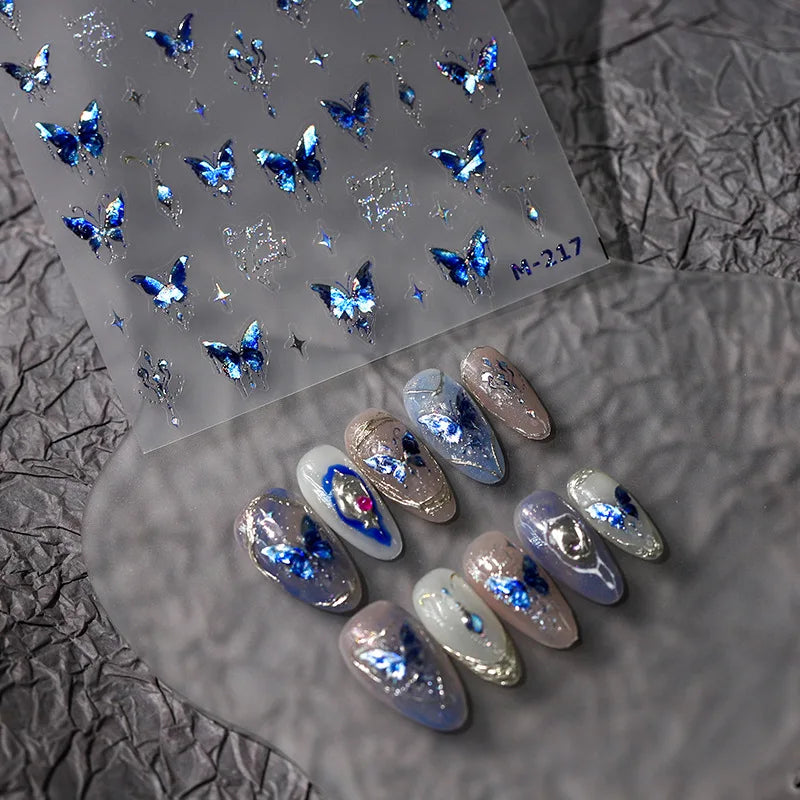 1 stücke 5D Luxus Glitter Blau Schmetterling Nail art Aufkleber Retro Luxus Selbstklebende Transfer Nagel Dekorationen Slider Aufkleber DIY