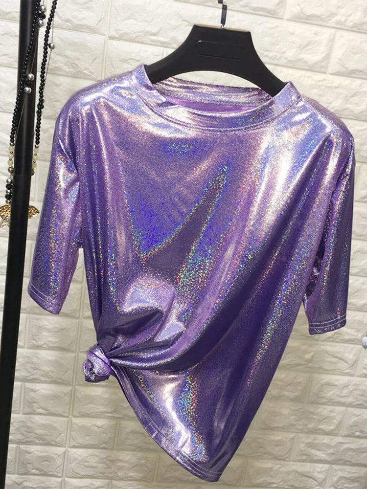 Neue sommer retro stilvolle helle seide frau tops glänzend lose kurzarm t-shirt sexy club ästhetischen harajuku frauen t-shirt