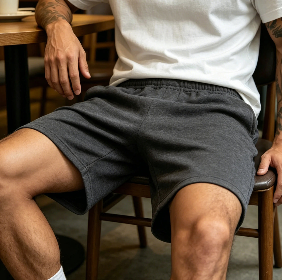 Sommer Herren Dunkelgraue Schnürlose Lounge-Shorts Elastischer Hoher Bund Weicher Strickstoff Lose Taschen Tägliche Freizeit-Gym-Shorts