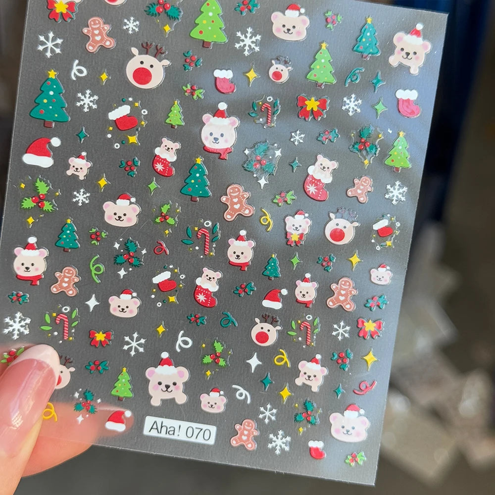 1 stücke 3D Weihnachten Santa Claus Schneeflocke Nagel Aufkleber Winter Weihnachten Nette Cartoon Schneemann Bär Elch Nagel Aufkleber Weihnachten Nagel decora