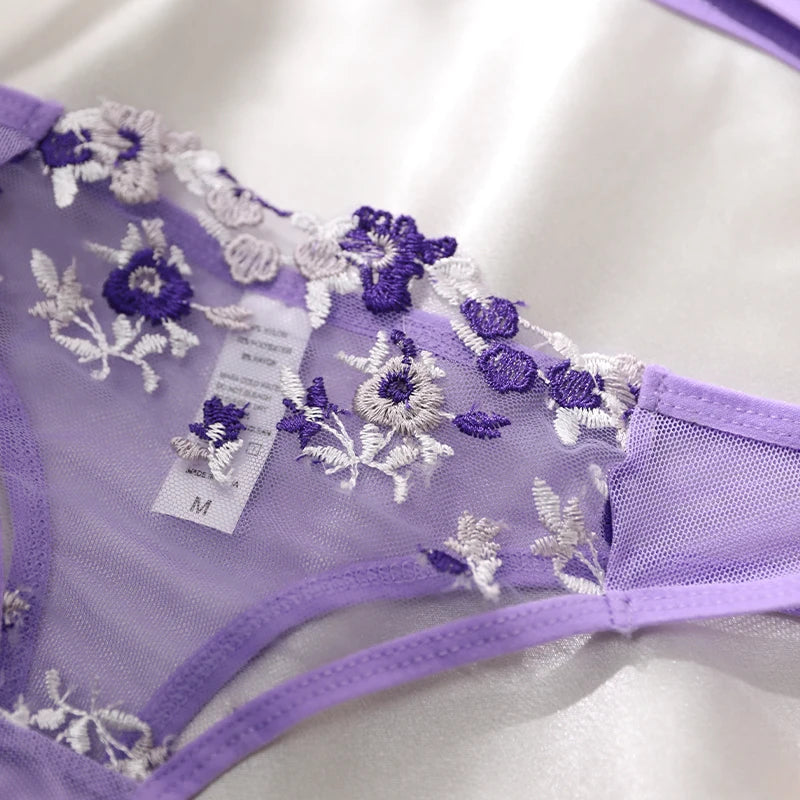 Lila Stickerei Sexy Dessous Set Hot Semi-Sheer Temptation BH und Höschen Sets Fancy Erotik Nachtwäsche Schöne Unterwäsche