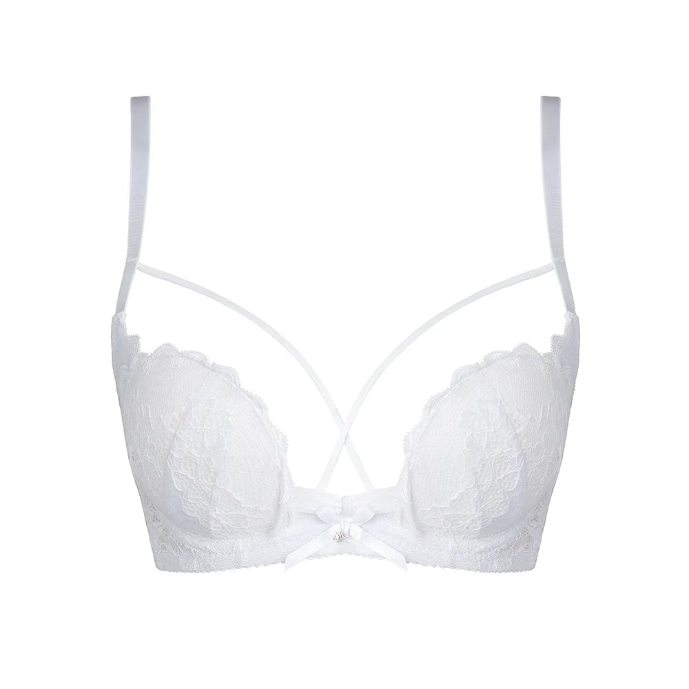 Eleganter, rückenfreier BH mit tiefem V-Ausschnitt, transparentes rotes Spitzen-Bralette für kleine Brust, dünnes Raff-Dessous-Set für Damen, tushy Bright Red Plunge AB