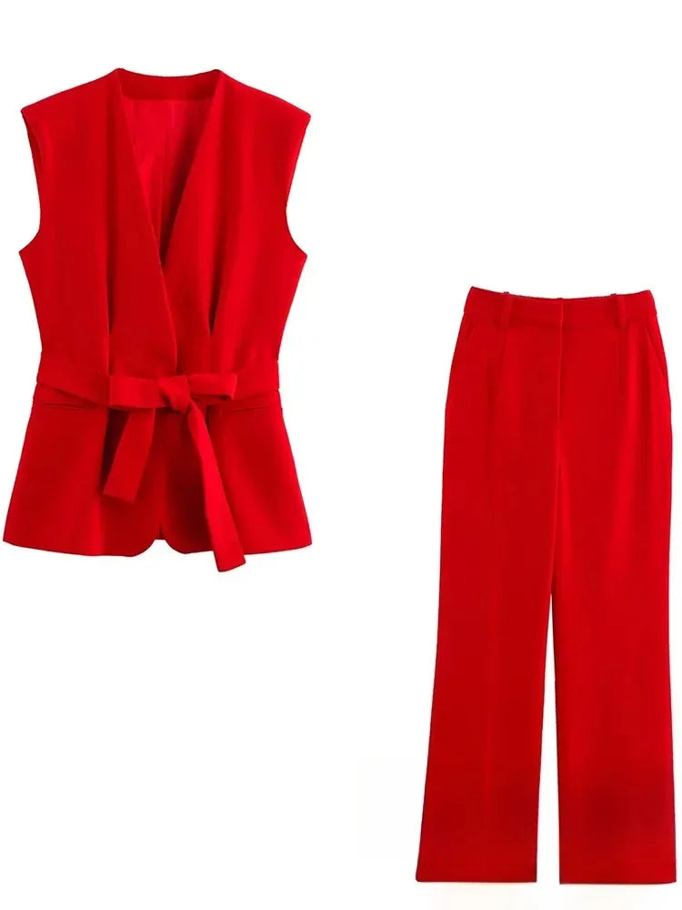 KONDALA Büro Dame Chic Rote Weste Blazer Anzug V-ausschnitt Schärpen Ärmellose Blazer Hohe Taille Breite Bein Hosen Mode 2025, Sommer Sets