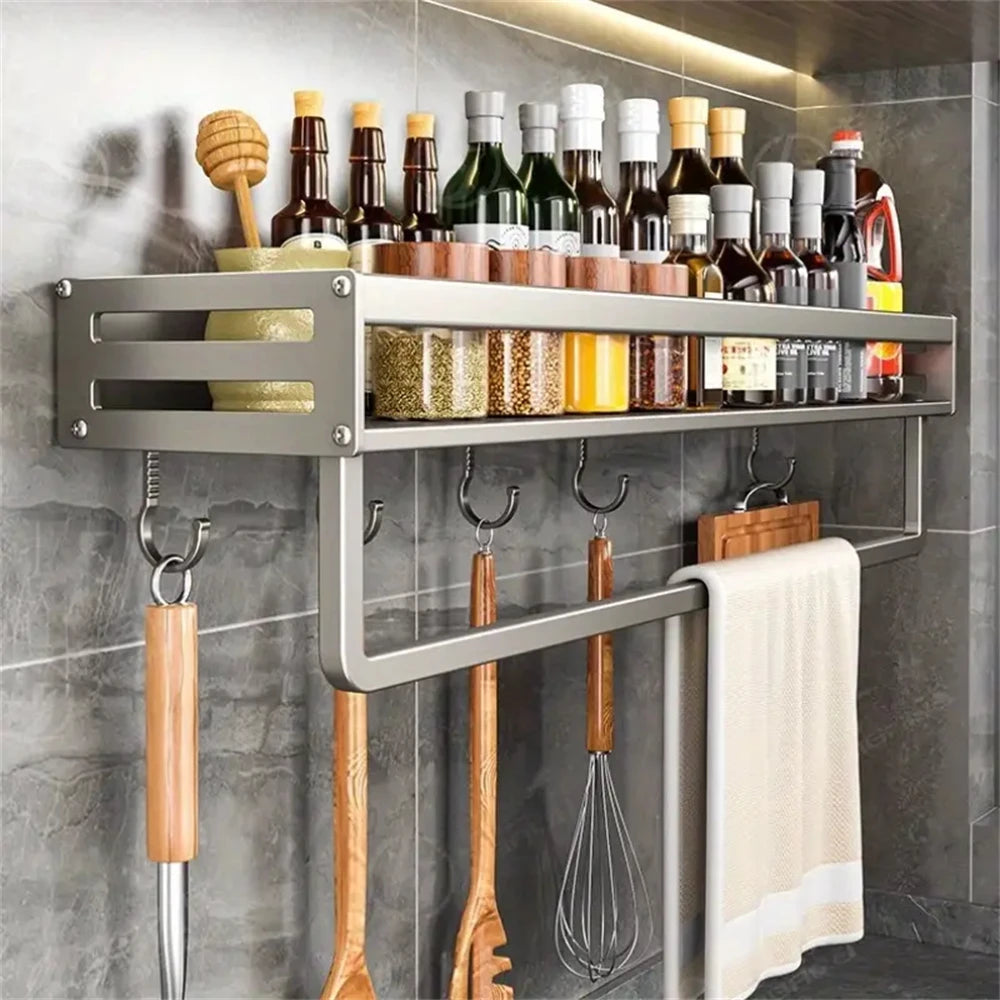 Wandmontiertes Gewürzregal aus Aluminium, multifunktionales Gegenstandsregal, Küchenutensilien, Haken, Aufbewahrungsregal für Küchengewürze