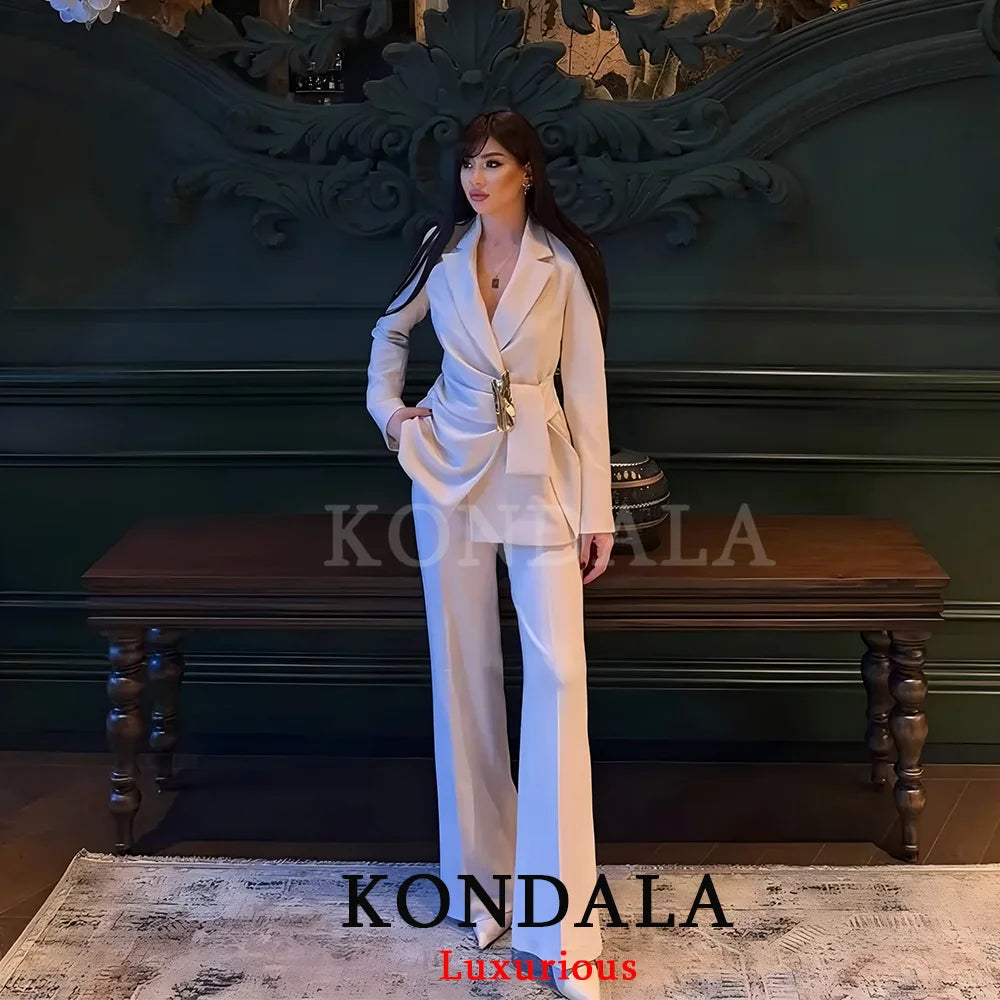 KONDALA Büro-Damen-Chic Weißer Damen-Blazer-Anzug Einfarbiger Langarm-Blazer Lange Reißverschluss-Hose Mode 2026 Frühling Sommer Anzug