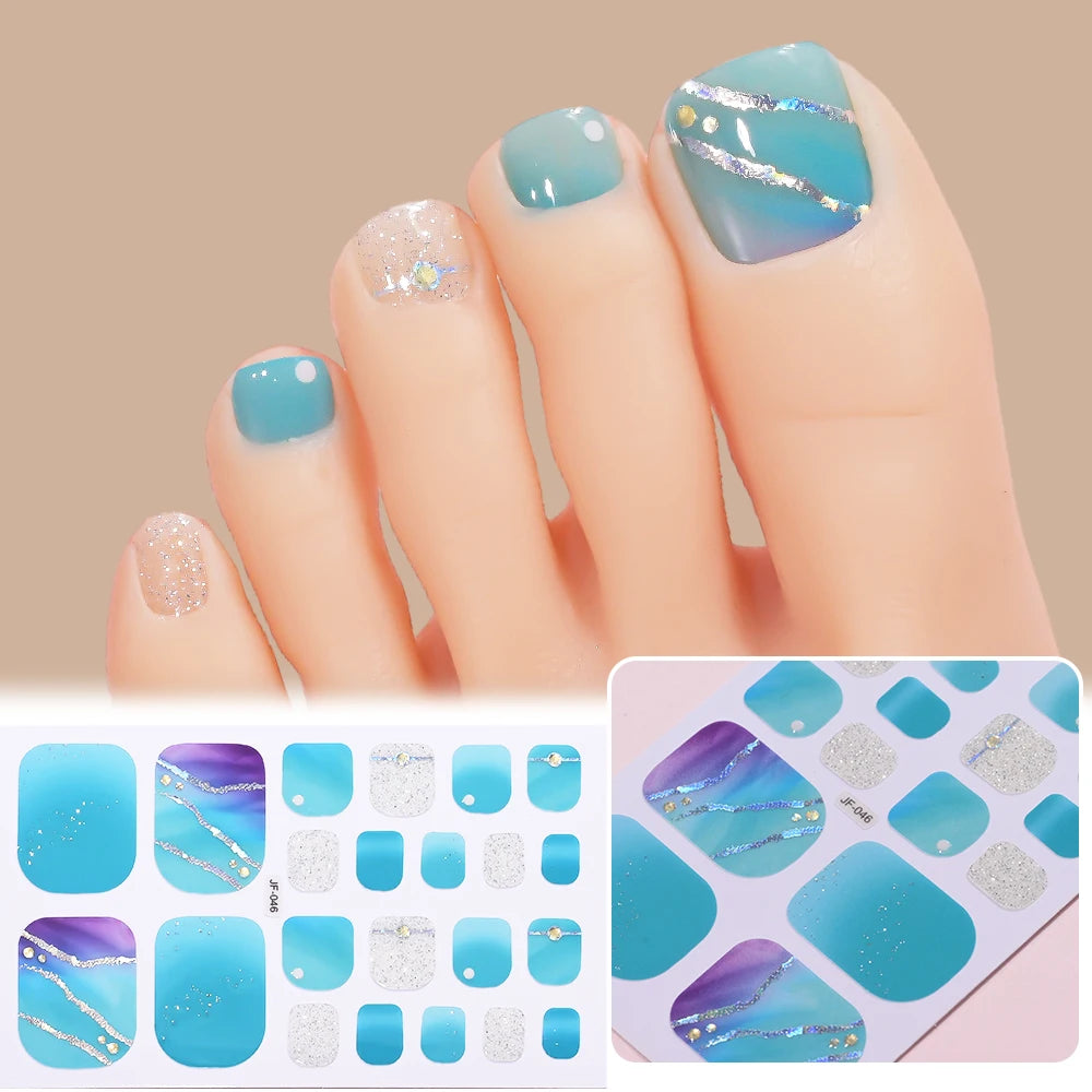 22 Tipps goldene Glitzer-Nagelaufkleber für Füße, 5 Farben, 11 Größen, vollständige Abdeckung, Fußkunst-Aufkleber, einfach zu erreichen, Zehen-Maniküre-Dekoration