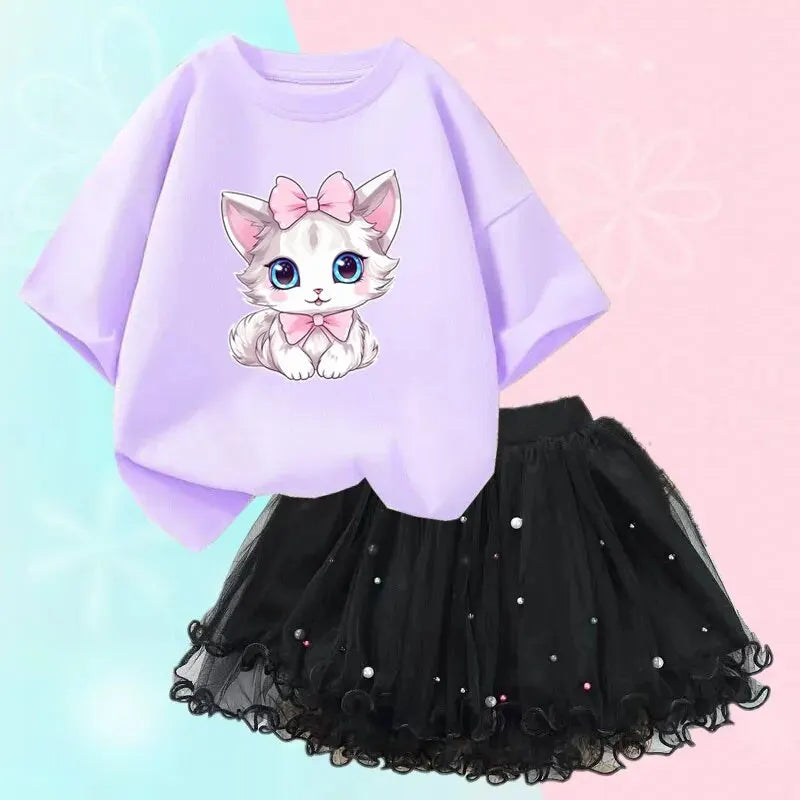Nette Sommer Mädchen Outfits Cartoon Katze T-shirt und Tutu Rock 2 teil/satz Mädchen Prinzessin Kleidung Anzug Kinder Geburtstag Kleidung