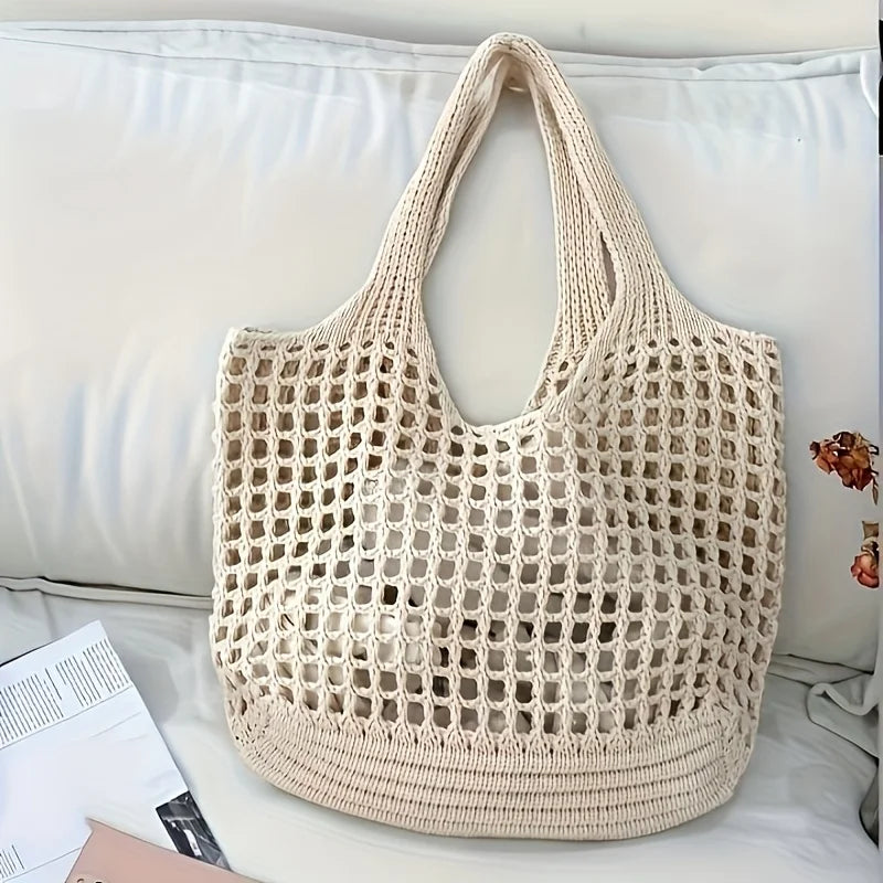 Gehäkelte Tragetasche für Damen, großes Fassungsvermögen, hohl gewebte Einkaufstasche mit festem Schultergurt, ideal für Reisen, Taschen für Damen, Handtaschen