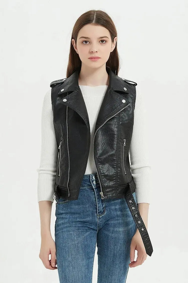 Herbst Streetwear Frauen weiche Pu Weste weiblich plus Größe 5xl Faux Schaffell Revers Mantel Moto Biker Weste Lederjacke