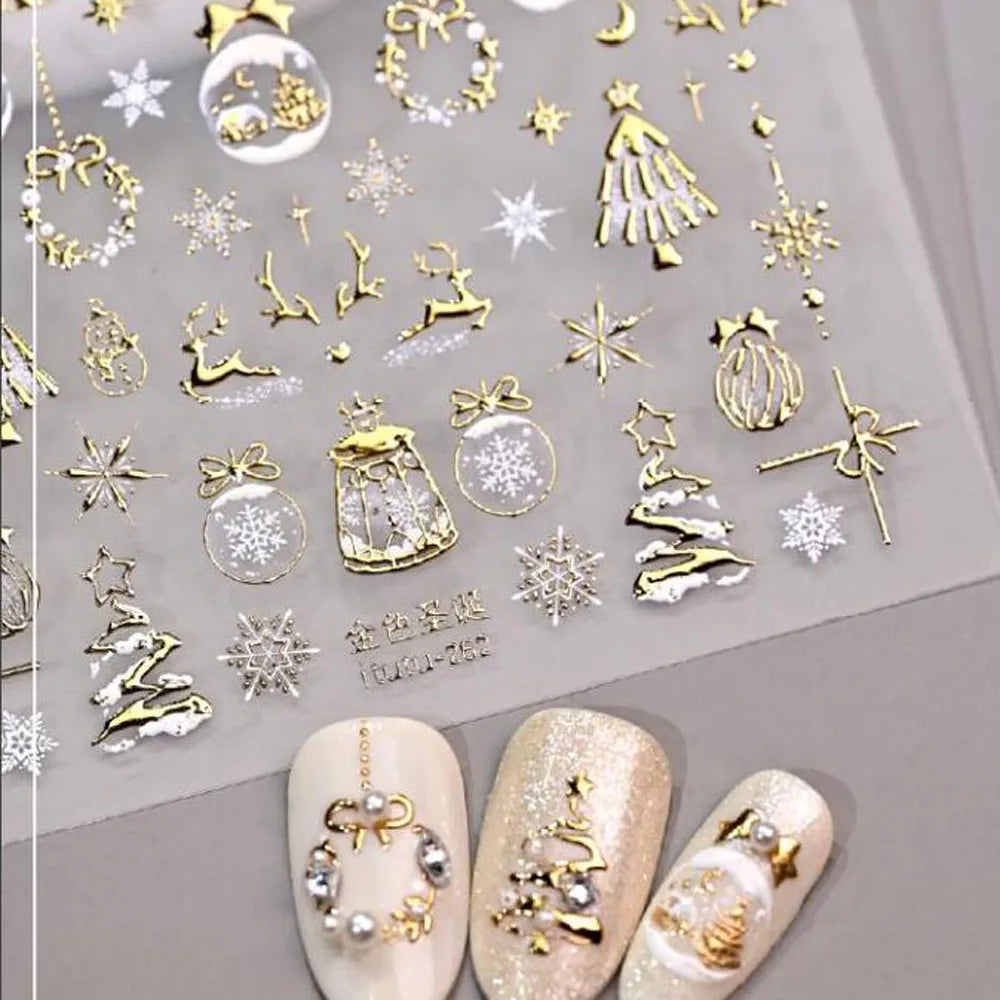5D Goldprägung Schleife Ball Hirsch Weihnachten Nagelaufkleber Glänzender Kranz Weihnachtsbaum Kristall Nagelaufkleber Winter Nageldekoration