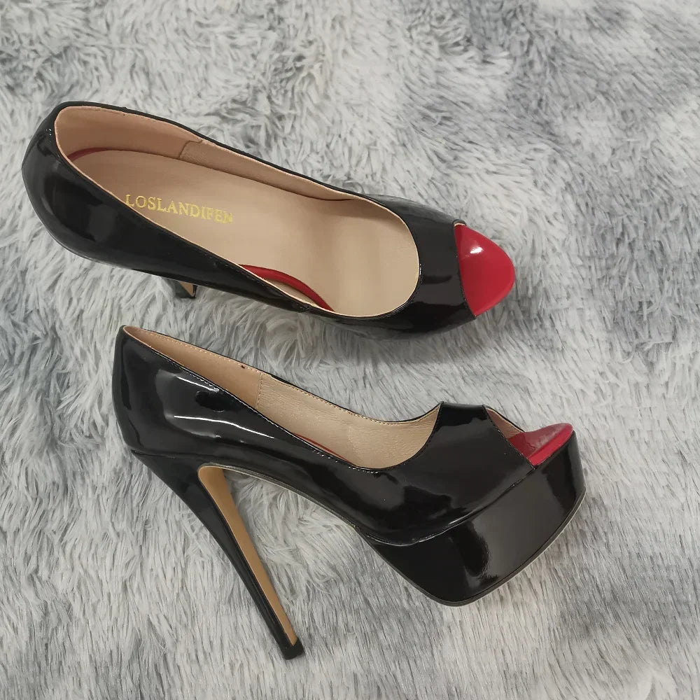 LOSLANDIFEN Frauen Pumpen Sexy Peep Toe Plattform 14 cm Super High Heels Patent Leder Schuhe Rot Hochzeit Stilettos Große Größe 44