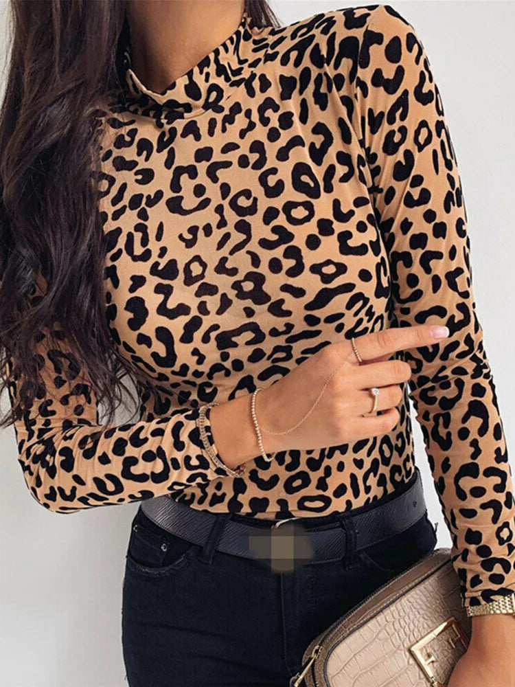 Frauen Blusen Mode Leopard Print Rollkragen Bluse Herbst Langarm Shirts Party Damen Kleidung Damen Blusen Und Tops