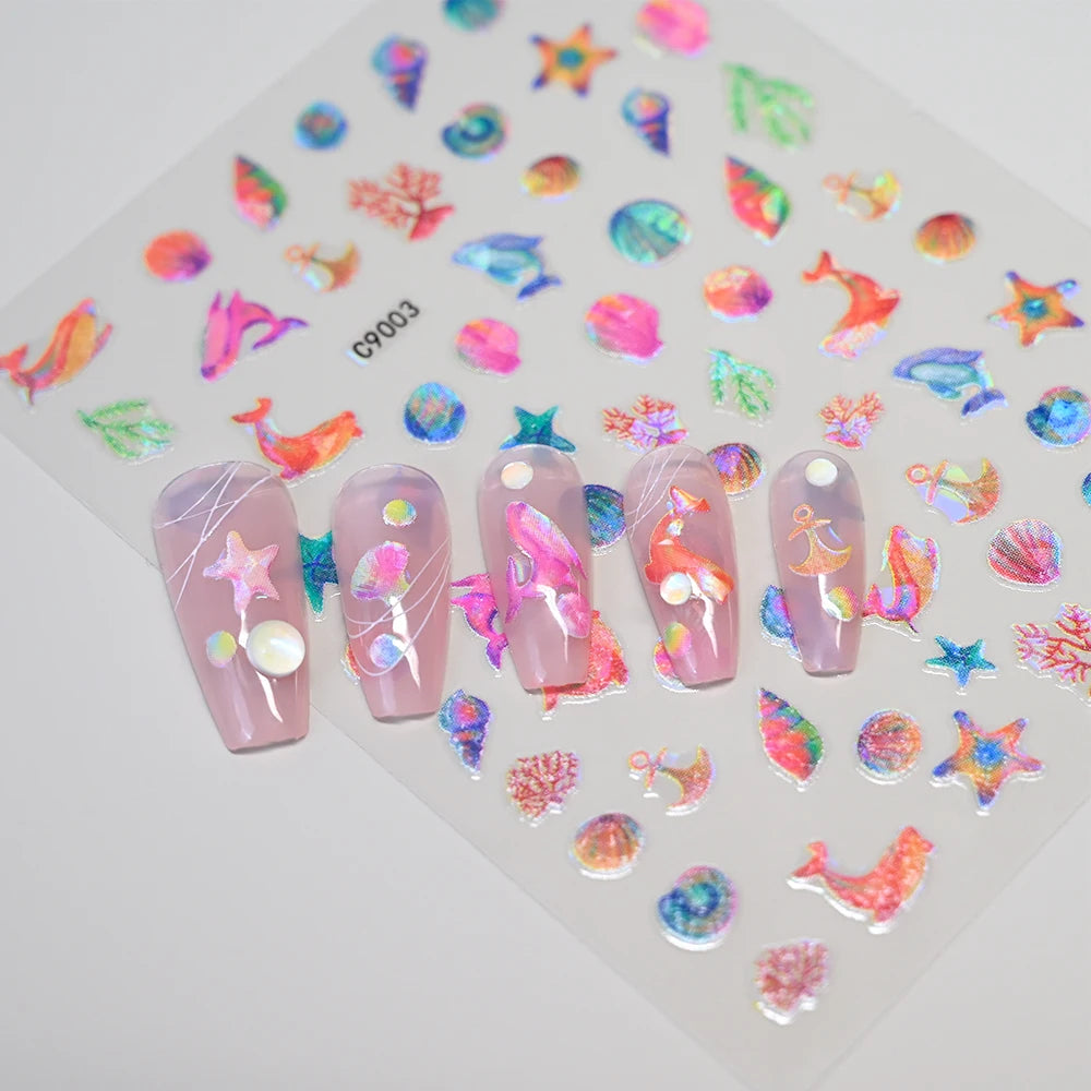 Bunte Blasen Laser Shattered Glass Effect Nail Art Aufkleber Regenbogen Bagful Goldfish 5D Aufkleber Selbstklebende Maniküre Sliders