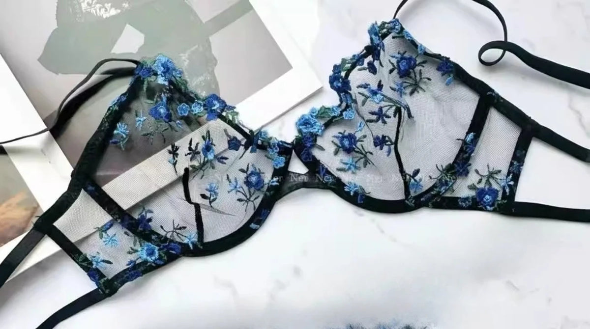 Französisches Blumen-BH-Set für Damen |   Süßes sexy transparentes Mesh-Spitze-Set, transparentes Unterwäsche-Set |   Praktisches und feminines MOYISU Sexy Höschen-Set