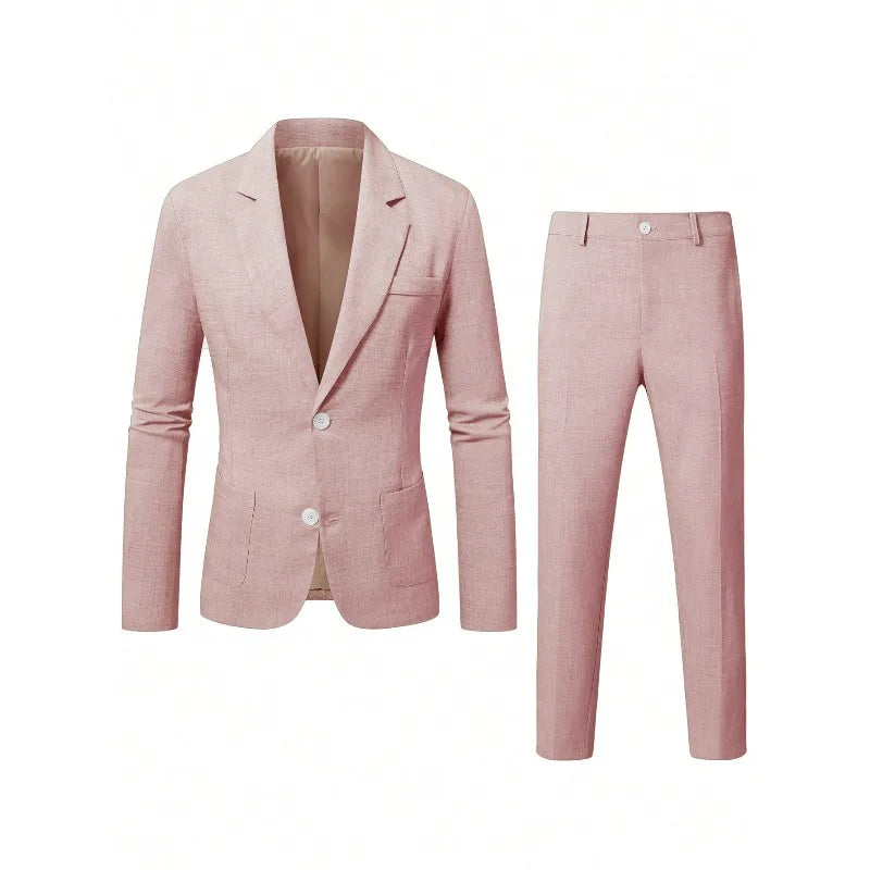 KIDWHXR Herren 2-teiliges Hochzeits-Set Koreanischer Einfarbiger Einreihiger Blazer mit Taschen Gerade Geschnittene Hose Schlanker Casual Anzug Outfit