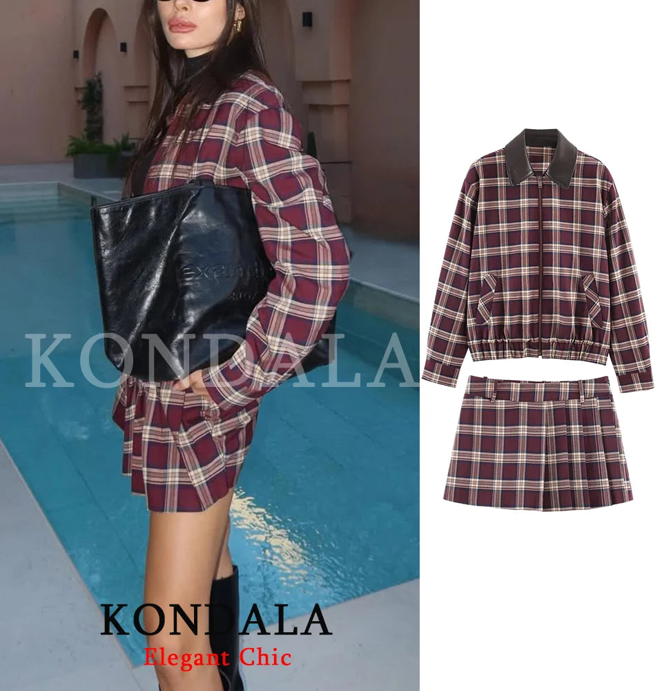 KONDALA High Street Plaid Shorts Set Zipper Revers Bomber Jacke Mini Plissee Shorts Mode 2026 Frühling Herbst Elegante Dame Set
