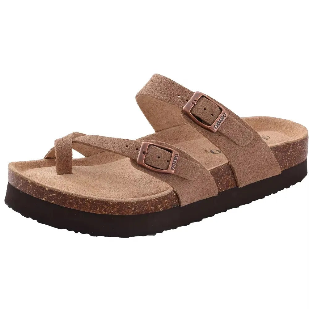 Crestar Damen-Hausschuhe mit Korkfußbett, Sommer-Paar, verstellbare Doppelschnallen, flache Sandalen, Outdoor-Kork-Strandrutschen mit offener Spitze