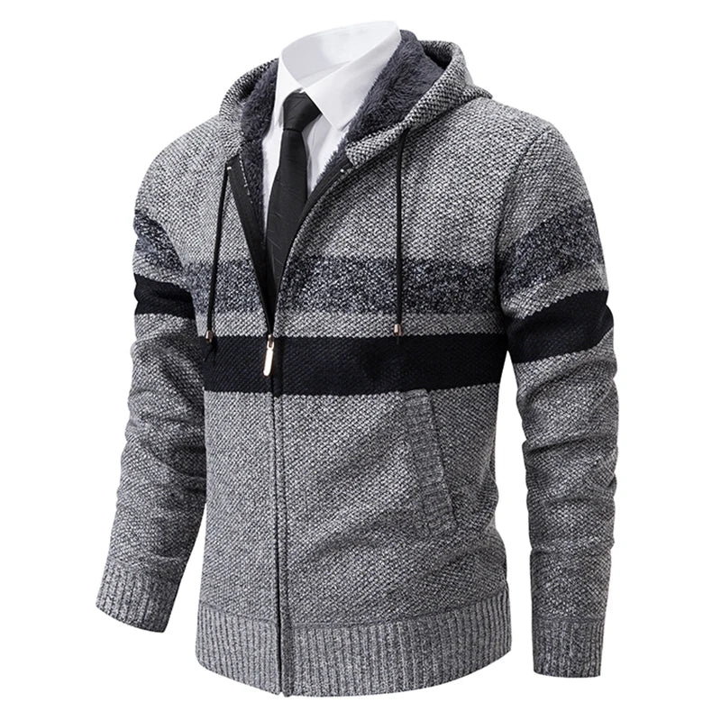 Mann Pullover Strickjacke Streifen Zipper Stricken Jacke Fleece Warme Mit Kapuze Pullover Mantel männer Straße Casual Männliche Jacke Mantel Jumper