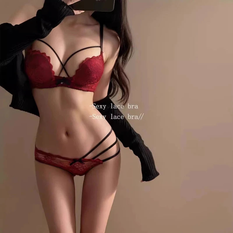 Eleganter, rückenfreier BH mit tiefem V-Ausschnitt, transparentes rotes Spitzen-Bralette für kleine Brust, dünnes Raff-Dessous-Set für Damen, tushy Bright Red Plunge AB