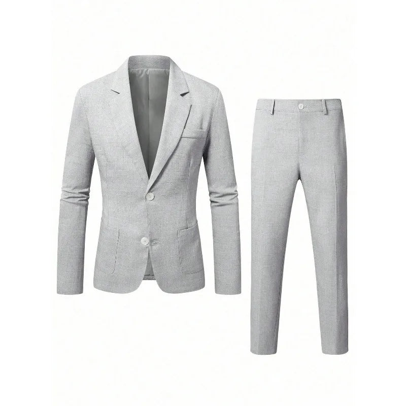 KIDWHXR Herren 2-teiliges Hochzeits-Set Koreanischer Einfarbiger Einreihiger Blazer mit Taschen Gerade Geschnittene Hose Schlanker Casual Anzug Outfit