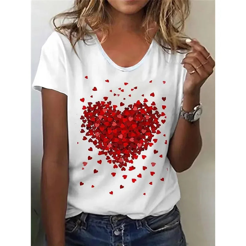 2024 sommer Neue Retro frauen T-shirt Rotes Herz Mode 3D Druck Kurzen ärmeln Casual Straße Sport O Kragen damen Hemd
