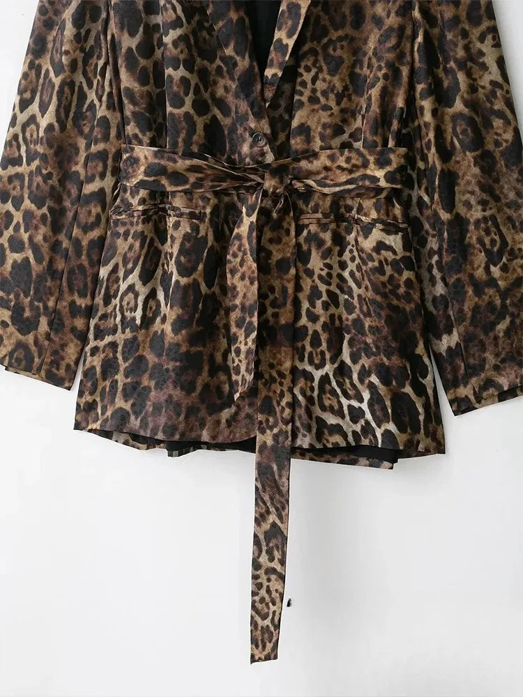 KONDALA Vintage Leopardenmuster Damenanzüge V-Ausschnitt Schärpen Langarm Übergroßer Blazer + Hose mit weitem Bein Mode 2025, Herbstanzüge