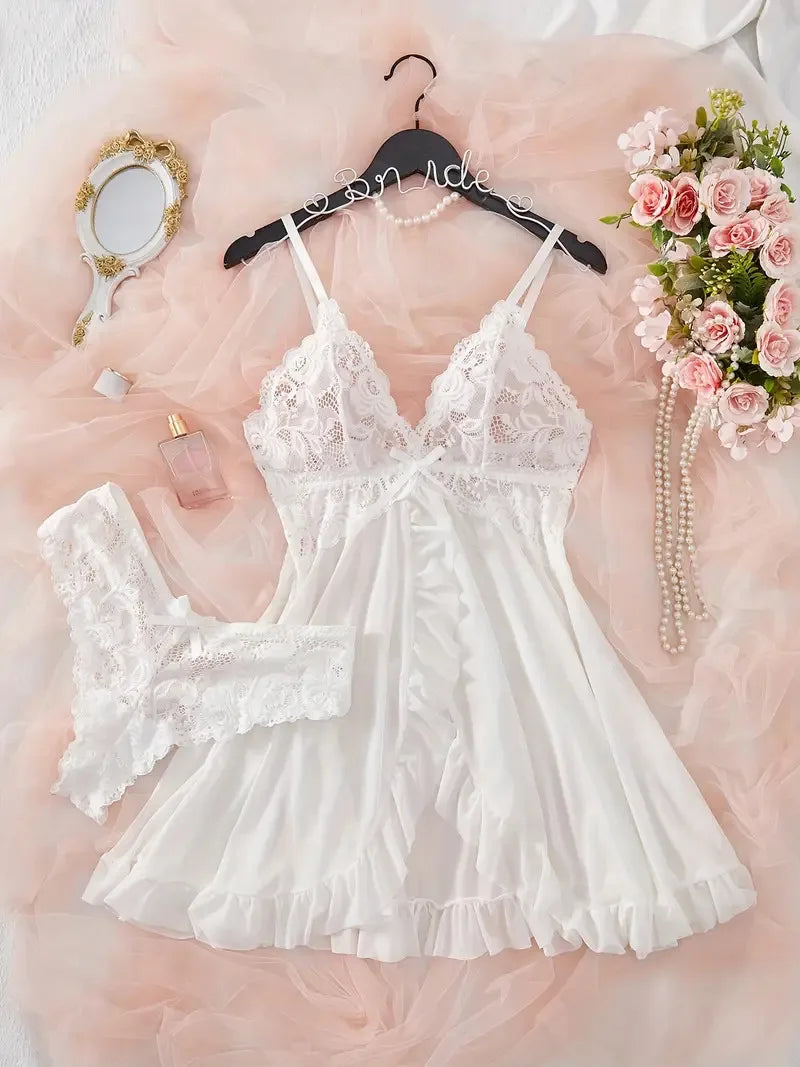 Schlinge Hause Tragen Sommer Ärmellose Voll Transparent Nachthemd Frauen Robe Nachthemd Plus Größe Pyjamas Panty Set Exquisite V-ausschnitt