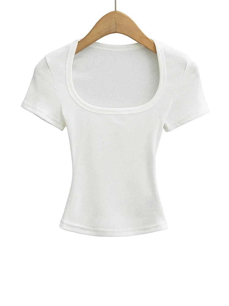 Damen Square Collar Slim Fit Crop Top High Stretch Kurzarm Pullover Sexy Sommerbluse T-Shirt Bottoming