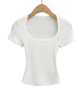 Damen Square Collar Slim Fit Crop Top High Stretch Kurzarm Pullover Sexy Sommerbluse T-Shirt Bottoming