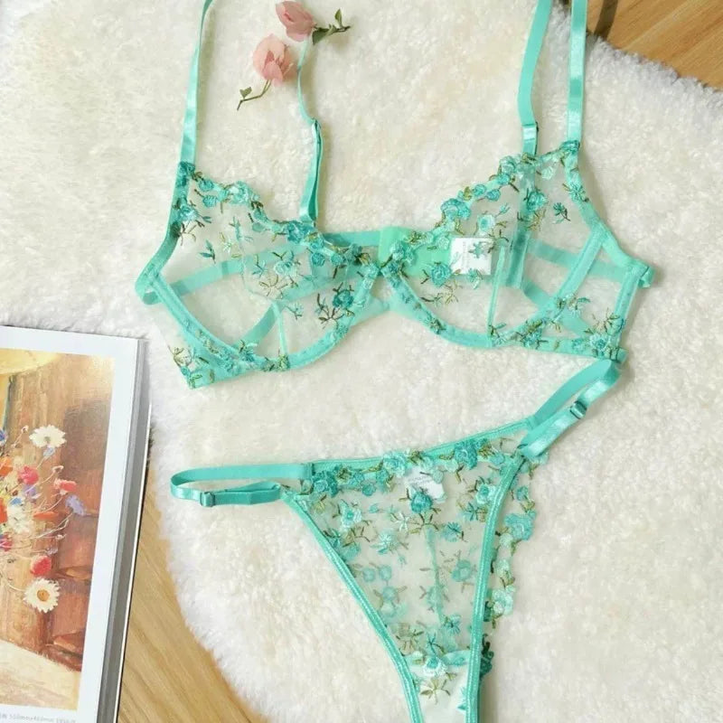 Französisches Blumen-BH-Set für Damen |   Süßes sexy transparentes Mesh-Spitze-Set, transparentes Unterwäsche-Set |   Praktisches und feminines MOYISU Sexy Höschen-Set