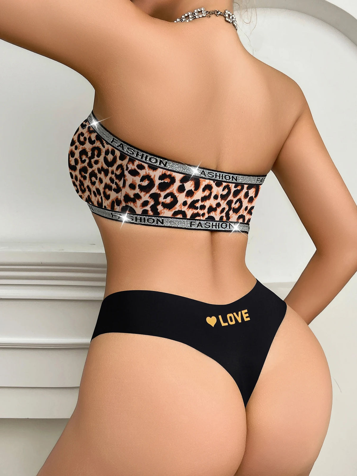 1 Set klassisches, sexy Wickeloberteil mit Leopardenmuster und nahtlosem Tanga-Set, bequem, glatt, atmungsaktiv, Farbblock-U-Design