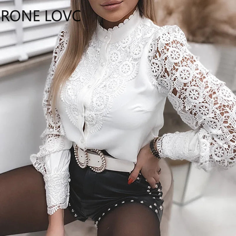 Weiße elegante Spitze aushöhlen Frauen Bluse Frühling Langarm hemden y2k Knöpfe Mesh Top Herbst Vintage Damen bekleidung
