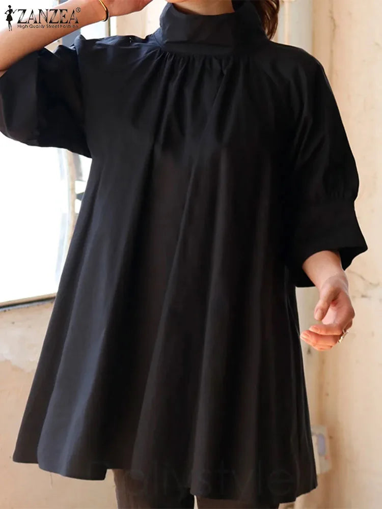 Mode solide plissierte Bluse Zanzea Overs ize Shirt Frauen elegante High Neck Halbarm Bluse Sommer Tops Arbeit Urlaub Blusas