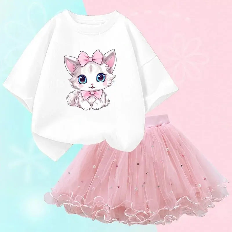 Nette Sommer Mädchen Outfits Cartoon Katze T-shirt und Tutu Rock 2 teil/satz Mädchen Prinzessin Kleidung Anzug Kinder Geburtstag Kleidung