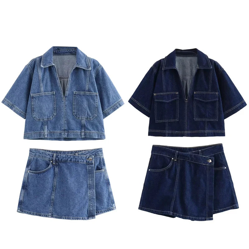 HXAO Asymmetrischer Jeansrock, kurze Sets, zweiteiliges Set für Damen, Sommer-Outfits, bauchfreies Jeanshemd, Anzug, Mini-Culottes-Set mit hoher Taille