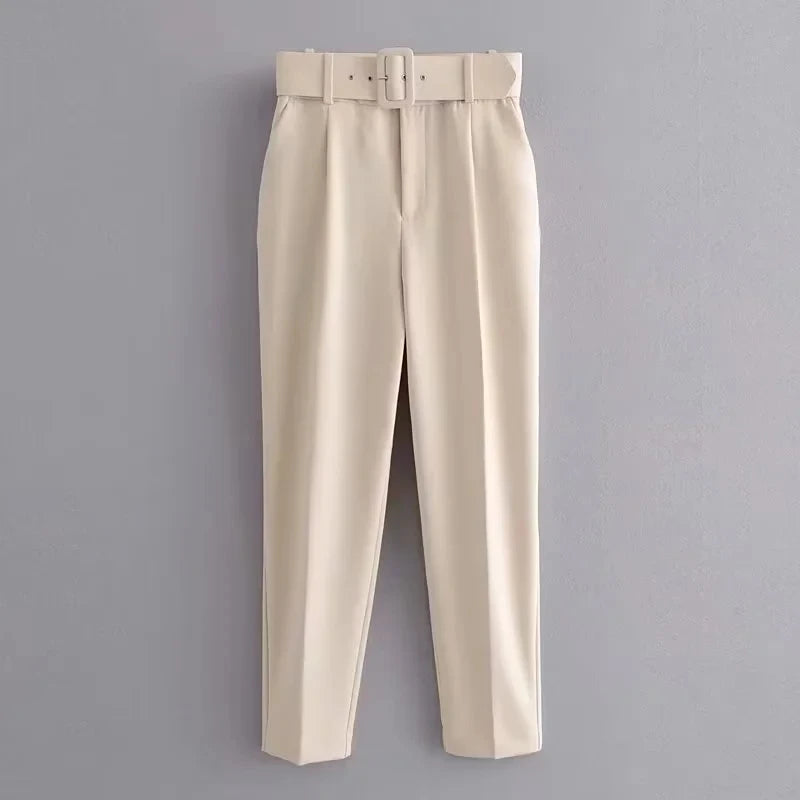 KONDALA Bürodame Beige Damenanzüge Langarm V-Ausschnitt Übergroßer Blazer + Hose mit hoher Taille und weitem Bein Mode 2025, Vintage-Sets